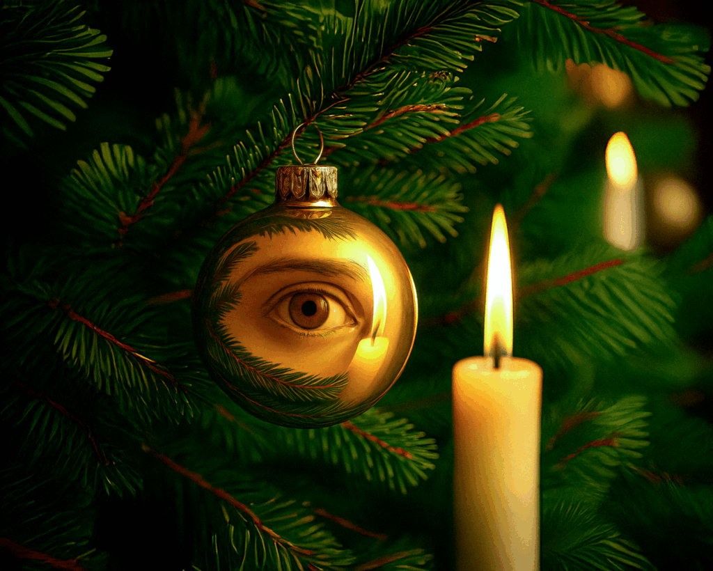 Titelbild Ausgabe „Augenblick“ Winter 2025 mit einem Weihnachtsbaum, an dem eine goldene Kugel hängt, in der sich ein Auge spiegelt