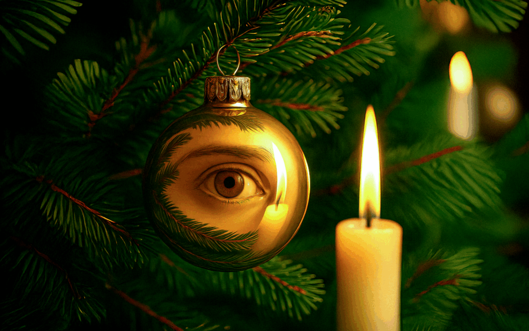 Titelbild Ausgabe „Augenblick“ Winter 2025 mit einem Weihnachtsbaum, an dem eine goldene Kugel hängt, in der sich ein Auge spiegelt