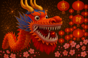 KI bearbeitetes Bild mit chinesischem Drachen aus Originalbild mit großem Kopf und Körper mit Laternen und Feuerwerk im Hintergrund und Blüten im Vordergrund. Die Laternen, Blüten und das Feuerwerk hat die KI hinzugefügt. Das ganze Bild ist in Rottönen gehalten.