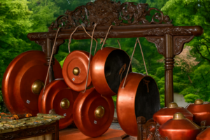 hängende und stehende Gamelan Gongs in rötlich brauner Optik. Die hängenden an einem verzierten Holzgestell aus dunklem Holz. Links unten in der Ecke ist eine Art Xylophon zu sehen, das auch immer im Gamelan-Orchester dabei ist, in unterschiedlichen Ausfertigungen