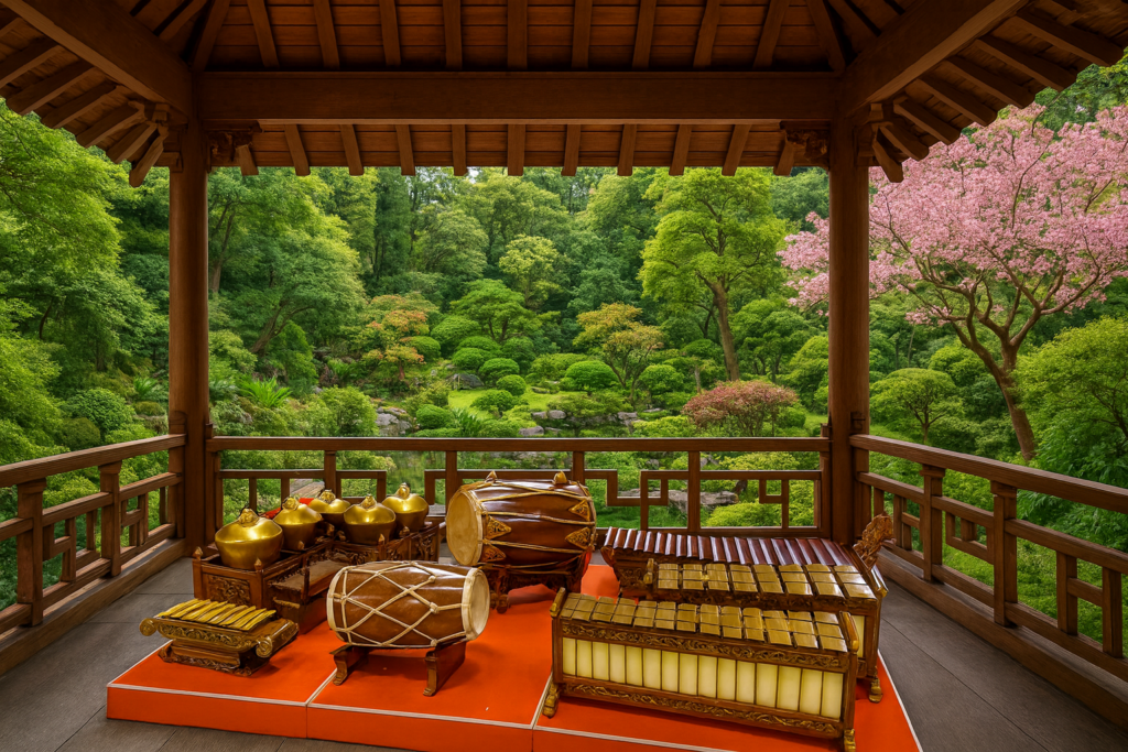 Gamelan Instrumente wie 2 Trommeln, mehrere Xylophone und stehende goldene Gongs in einem offenen Pavillon aus Holz mit Blick in einen grünen asiatischen Garten mit Kirschblüten. Der Hintergrund des Bildes ist KI generiert. Die Instrumente wurden so fotografiert.