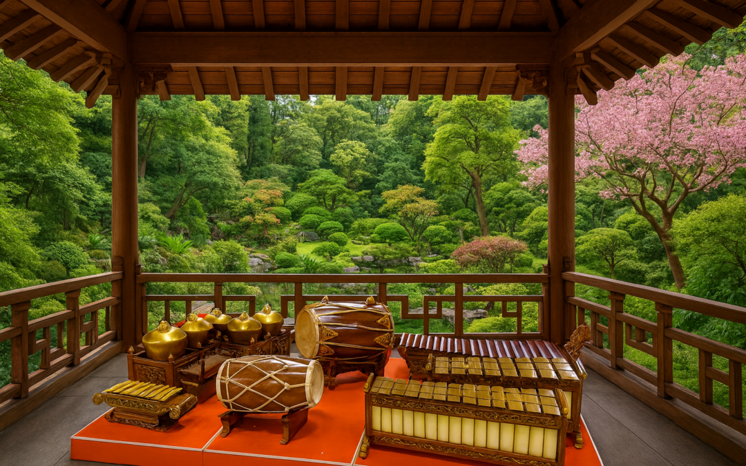 Gamelan Instrumente wie 2 Trommeln, mehrere Xylophone und stehende goldene Gongs in einem offenen Pavillon aus Holz mit Blick in einen grünen asiatischen Garten mit Kirschblüten. Der Hintergrund des Bildes ist KI generiert. Die Instrumente wurden so fotografiert.