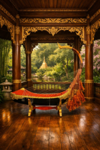 Zu sehen ist eine burmesische Harfe in einem asiatischen gold verzierten Holzpavillon. Im Hintergrund ist ein asiatischer Garten mit Bambus und Kirschblüten und viel Grün. In der Mitte ist ein Teich eingebettet. Das Instrument ist schiffsförmig mit einem Schwanenhals. Es hat 16 schräg gespannte Saiten, die sich mit der roten Kordel stimmen lassen. Die Harfe steht auf einem gold rot verzierten Holzständer.